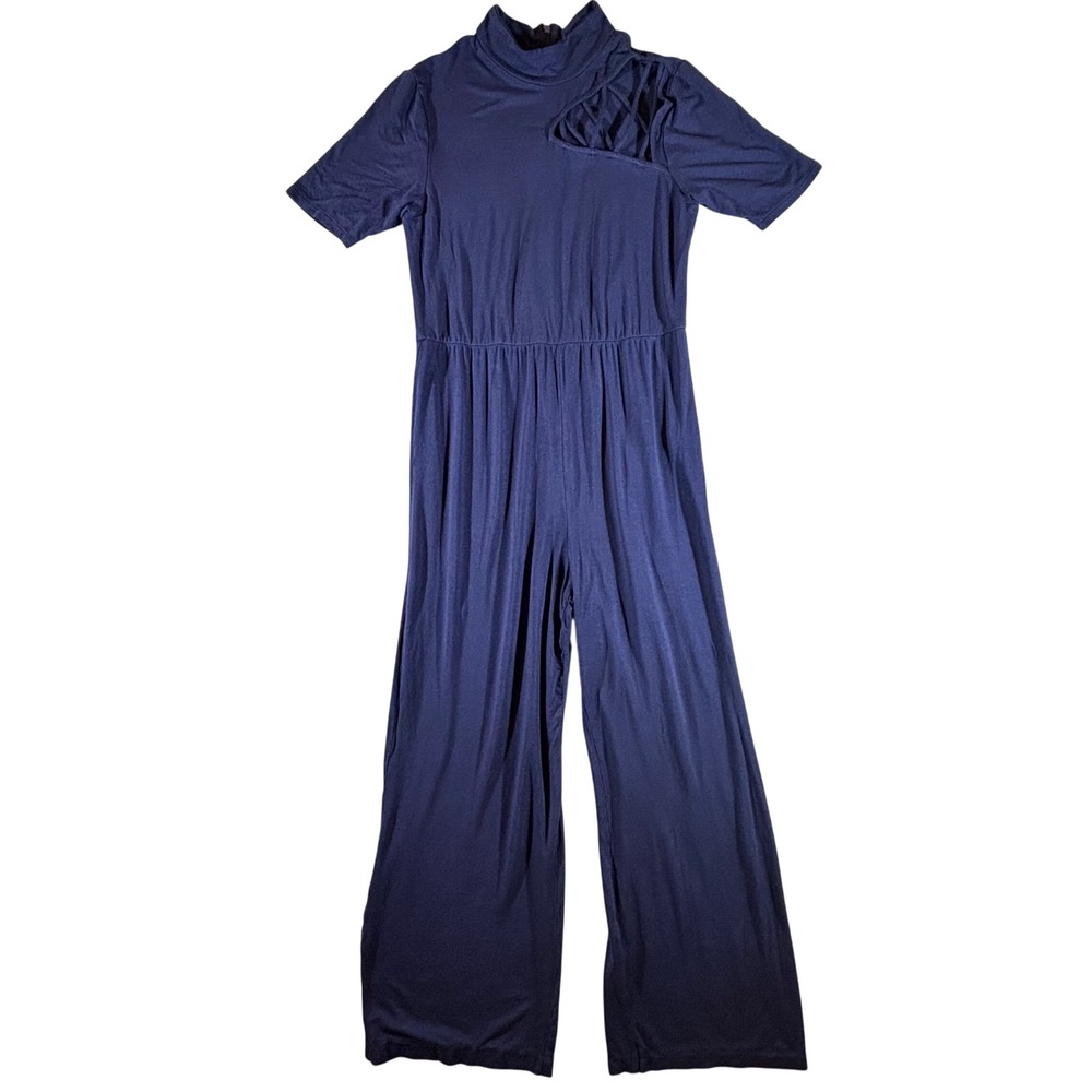 Venus Navy Blue Mock Neck Lattice Cutout Short Sleeve Wide Leg Jumpsuit Medium